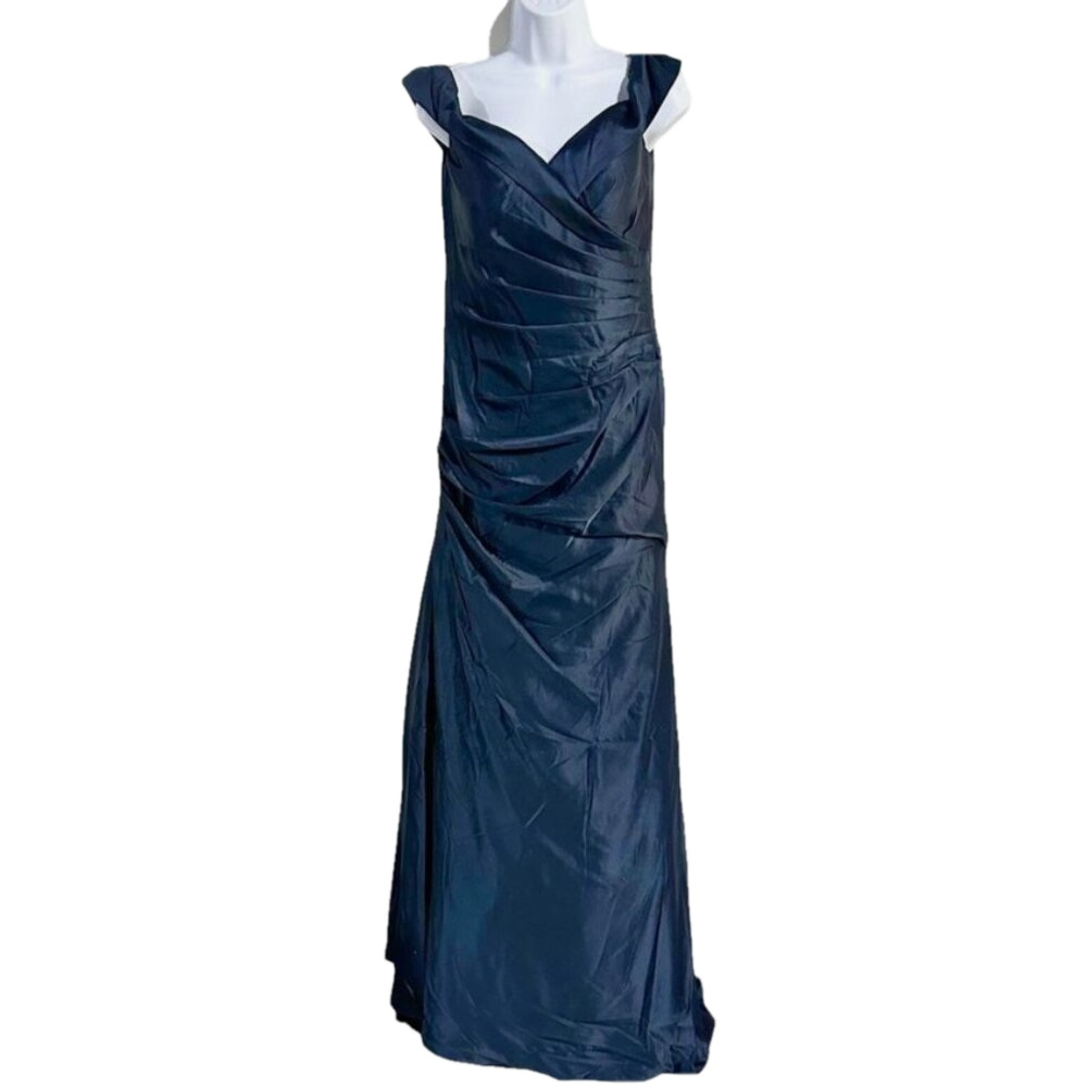 La Femme Off the Shoulder Ruched Satin Trumpet Gown in Navy - 6 NWT
